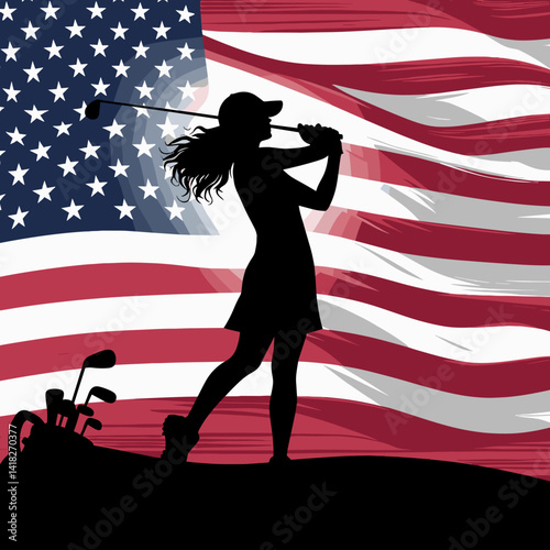 Female golfer silhouette swinging club against American flag, patriotic theme, dynamic design