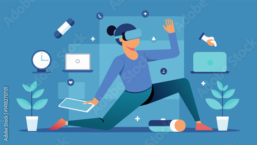 A person with a sedentary job uses VR assisted stretching as a break throughout the day with different routines set in a variety of virtual. Vector illustration