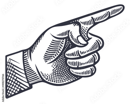Engraved Pointing Hand Illustration: Direction, Choice, and Vintage Style.