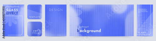 Abstract reeded glass effect background set. Elegant gradient cover collection in blue hues. Minimalist template design for social media, poster, banner, flyer, promo