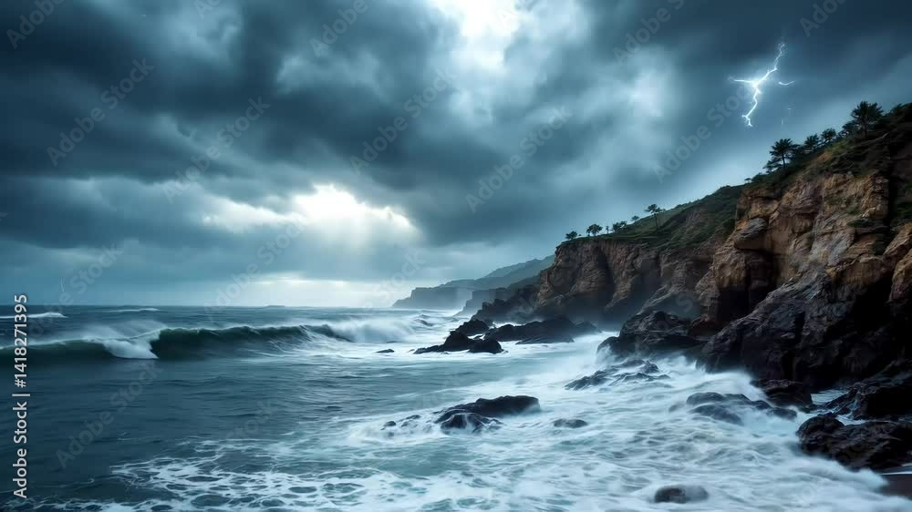 Storm brews over rugged coast with crashing waves, swirling clouds, intense wind, and lightning flashes
Storm brews over rugged coast with crashing waves, swirling clouds, intense wind, and lightning flashes