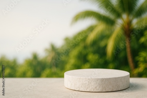 Relaxing Coastal View With a Circular Stone on a Ledge Surrounded by Lush Gre...