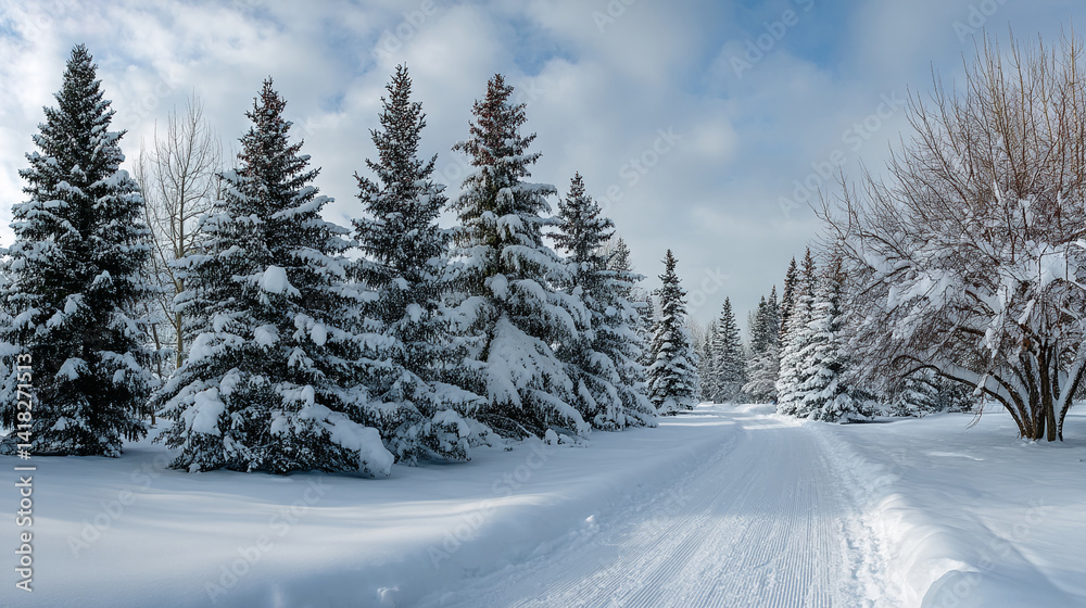 Fototapeta premium Snow-covered pine trees line a groomed path, winter landscape scene showcasing serenity and peacefulness ideal for winter, nature, or travel themes