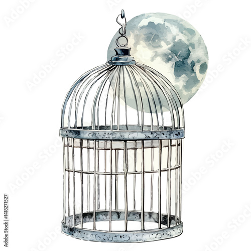 Empty Birdcage Under Moonlight, vector watercolor illustration, isolated on a white background.