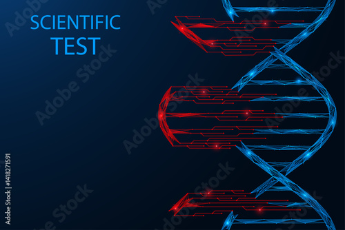 Virtual simulation of DNA cell editing. Attaching the missing parts to the spiral. Polygonal design of lines and dots. Blue background.
