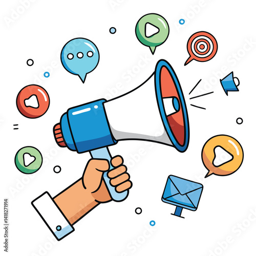 Hand holding a megaphone with social media icons