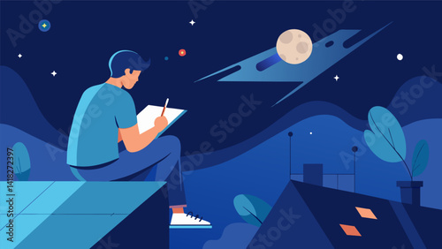 A solitary figure perched atop a rooftop gazing up at the mesmerizing night sky and creating intricate illustrations of their observations in a. Vector illustration