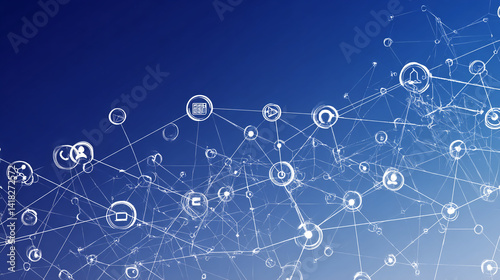 Abstract blue background with interconnected white circles containing icons, symbolizing network, connection, and global communication, ideal for technology or digital concepts
