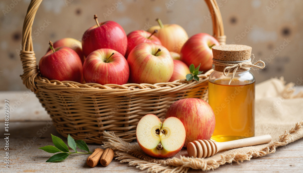 Basket of fresh apples with honey jar and cinnamon sticks in rustic setting for culinary blogs, health websites, recipe books, and seasonal marketing materials Basket of fresh apples with honey jar and cinnamon sticks in rustic setting for culinary blogs, health websites, recipe books, and seasonal marketing materials