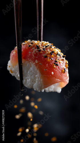 sushi held by chopsticks