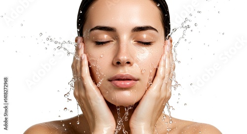 Clean beauty concept with a close-up of a woman splashing water on her face