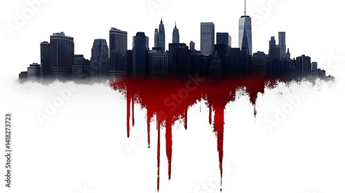 New York City skyline, stained crimson, evokes urban decay.