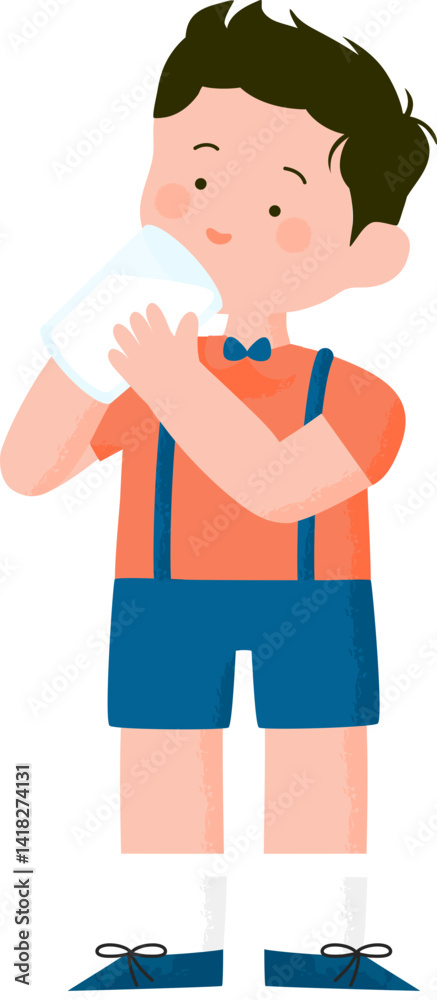 Fototapeta premium Happy cute cartoon little kid boy drink growth milk vector illustration