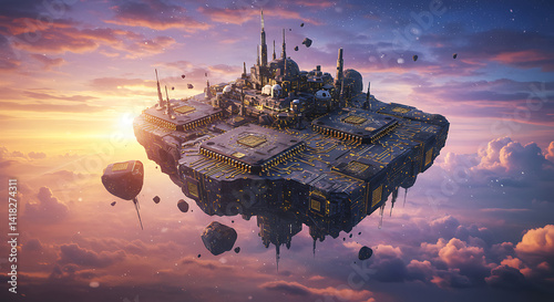 Majestic futuristic intricate floating island city against a vibrant dramatic sunset sky with ethereal clouds, concept for fantasy game art, sci-fi book covers and digital world creation