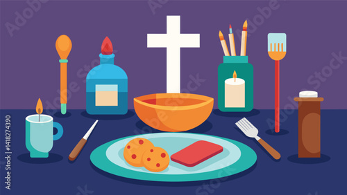 A table is set up with all the necessary tools from carving utensils to paintbrushes for members to create personalized communion plates for the. Vector illustration