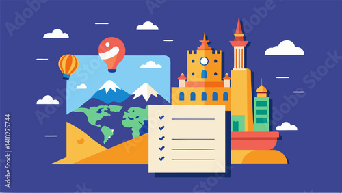 A postcard featuring a map of a foreign city and a list of mustsee places inspiring a page dedicated to planning a future trip to that destination.. Vector illustration