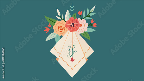 A vintage handkerchief embroidered with the brides initials hangs from her bouquet a nod to her soing old.. Vector illustration