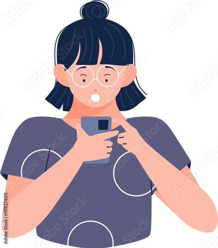 Female reads message with expression of shock, fear, fomo, surprised reaction scrolling mobile phone