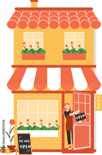 Opened store with small business woman owner employee using apron and holds sign saying we are open