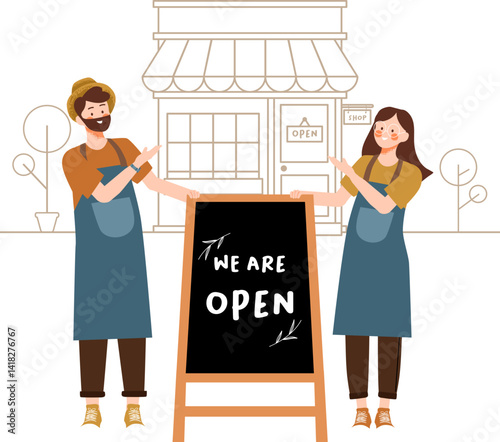 Small business owners standing welcoming we are open written on blackboard restaurant or coffee shop