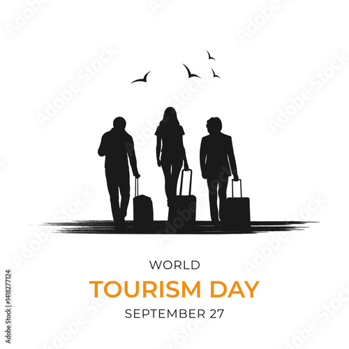 World Tourism Day banner.Travel concept.Vector illustration with silhouette of tourists on white background.