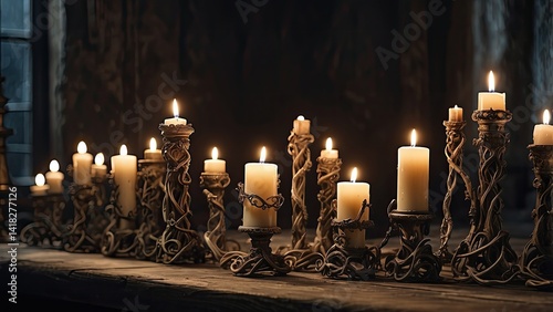 A dimly lit scene featuring a row of ten ornate candles in various heights, each encased in intricate, aged candlesticks