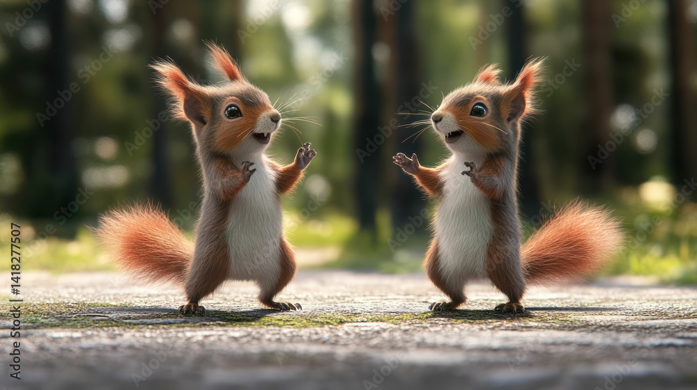Two stylized squirrels greet each other in a forest setting with a happy vibe. Two stylized squirrels greet each other in a forest setting with a happy vibe.