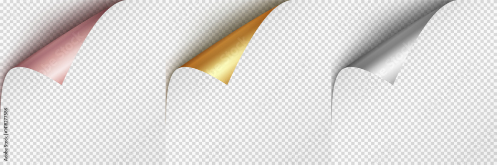Curled page corners isolated on transparent background. Blank curve paper edge, bent sheet, note angle with realistic shadow. Vector rolled up stickers, peel banners