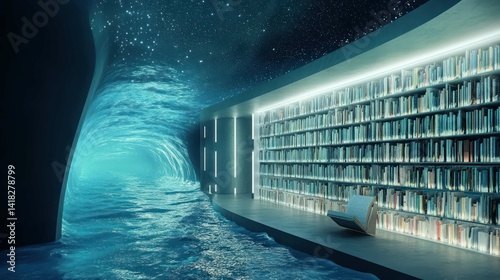 Surreal library with water tunnel and bookshelves under a starry sky.