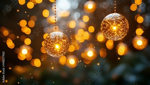 Golden orbs and twinkling lights create a festive atmosphere.