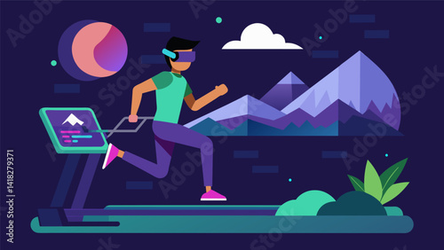 An intense virtual race that requires users to physically run on a treadmill as the VR technology transports them through different landscapes and. Vector illustration