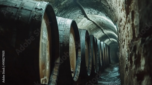 Oak barrels cellar winery. Wooden kegs in wine storage. Alcoholic drinks aging process. Underground warehouse with fermented drinks. Wine tasting concept