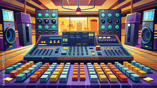 Mixing console with faders and knobs in a professional recording studio
