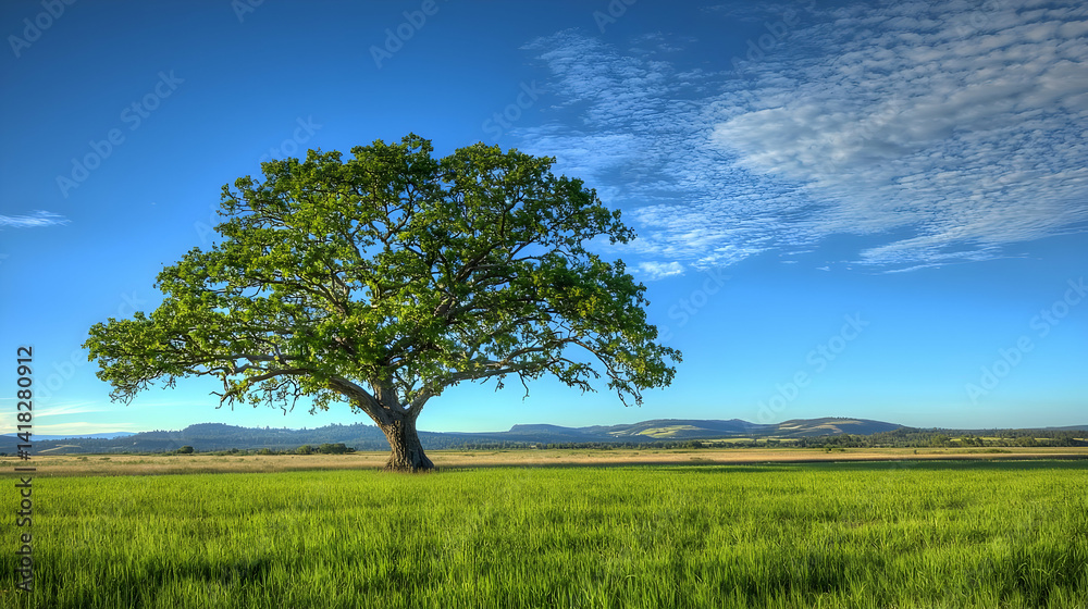 Fototapeta premium Lonely Tree In Green Field Under Sunny Sky