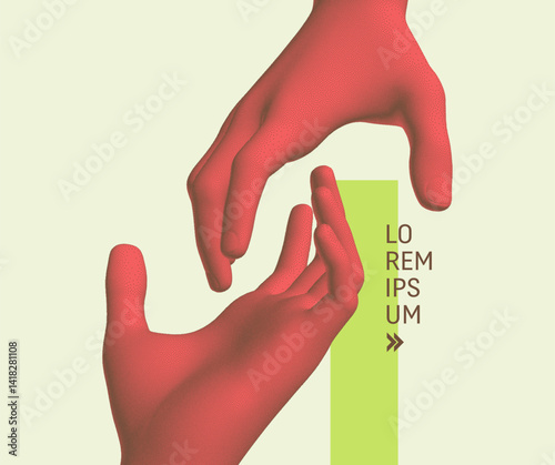 Hands reaching towards each other. Concept of human relation, togetherness or partnership. 3D vector illustration. Can be used for advertising, marketing or presentation.