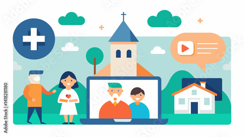 A video or slideshow presentation showcasing the churchs history beliefs and community impact.. Vector illustration