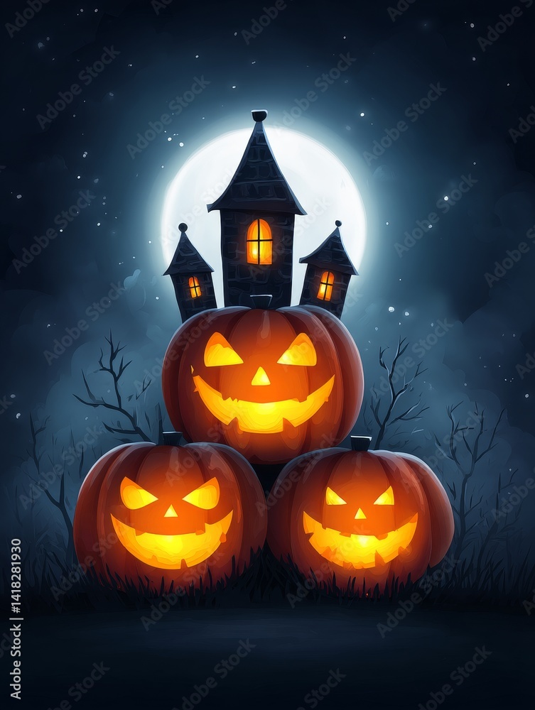Halloween Jack O'Lanterns and Haunted House - Three glowing jack-o'-lanterns sit before a spooky haunted house under a full moon. Perfect for Halloween celebrations Halloween Jack O'Lanterns and Haunted House - Three glowing jack-o'-lanterns sit before a spooky haunted house under a full moon. Perfect for Halloween celebrations
