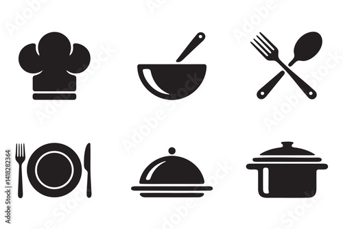Simple Black and White Restaurant Icons Set
