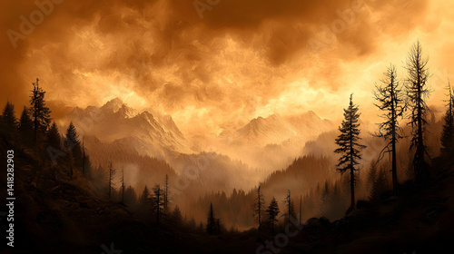 Golden Sunset View Of Mountainous Forest Landscape