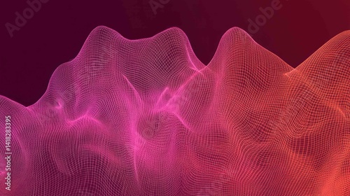 Abstract wireframe landscape with a pink and orange gradient background.