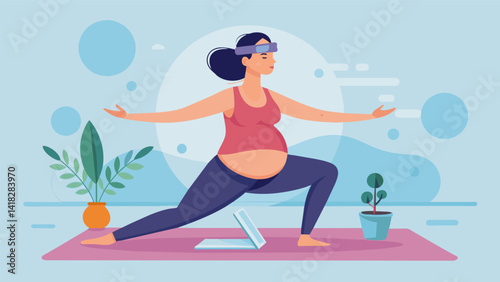 A pregnant woman in a comfortable position following a VR yoga routine specially designed to safely support and strengthen the body during pregnancy.. Vector illustration