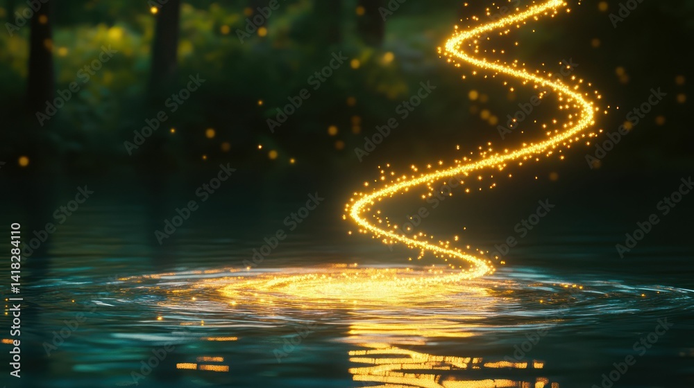 Obraz premium A magical golden sparkle trail descends into a serene forest lake.