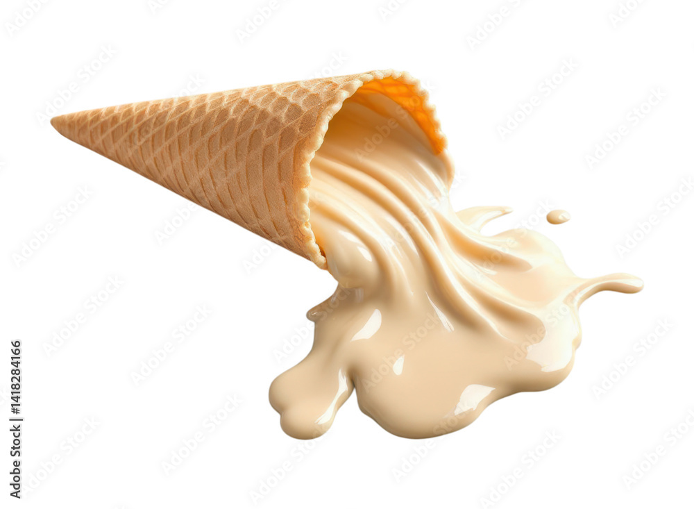 Naklejka premium Empty Waffle Ice Cream Cone with Creamy Vanilla Splash and Dripping Effect, Dynamic Food Photography Isolated on Transparent and White Background