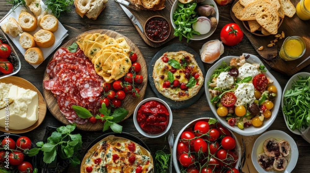 Top view table full of delicious food composition. Top view table full of delicious food composition.