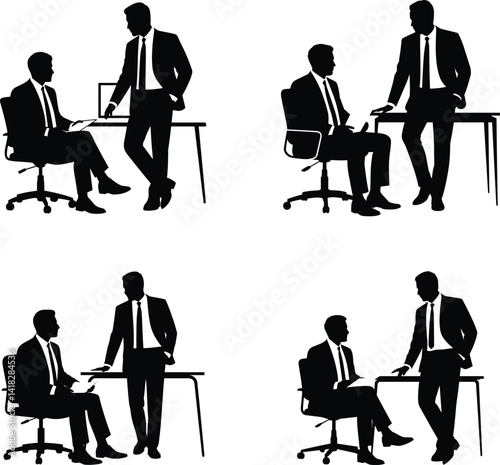 Black and White Business Meeting Silhouette Set – Formal Office Conversation Vector Illustration