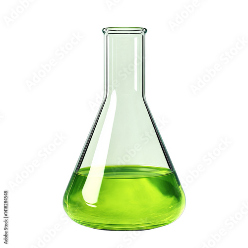 Erlenmeyer flask with green solution. Isolated white background. Png format