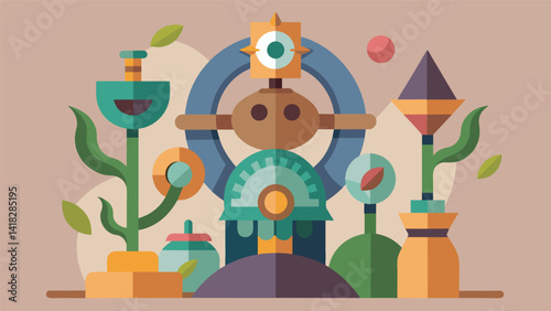A sculpture made from found objects and natural materials representing the cyclical and interconnected nature of the artists personal mythology.. Vector illustration