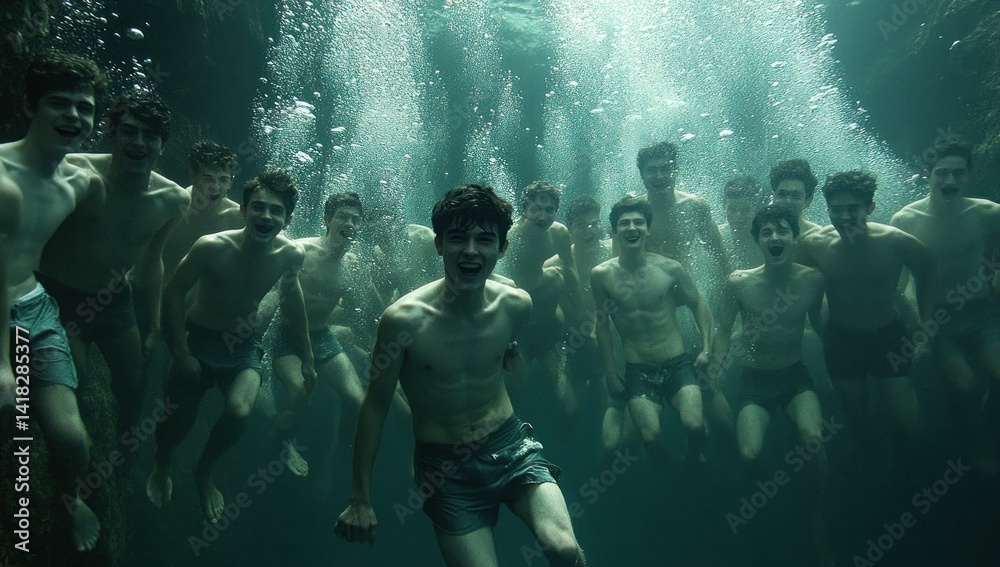 Fototapeta premium Underwater cave, happy young men swimming, sunlight above, leisure activity
