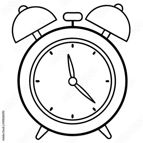 Clock's face: A classic, detailed line drawing of an old-fashioned alarm clock with two bells, showcasing its simple elegance and timeless design.