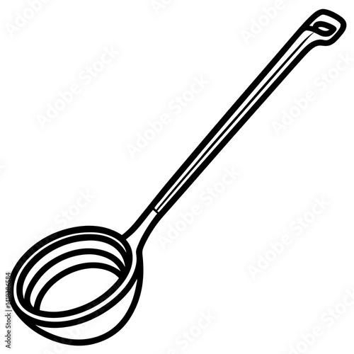 Kitchen Utensil: A minimalistic illustration of a long-handled ladle, perfect for serving soups and sauces. Depicting the simple elegance and functionality of a classic kitchen tool.